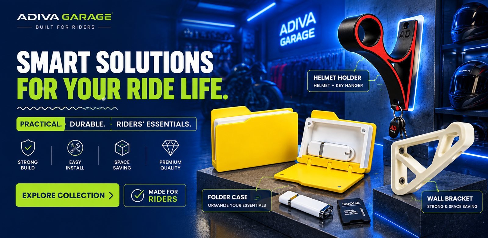Adiva Garage — smart solutions for your ride life: helmet holder, folder case and wall bracket