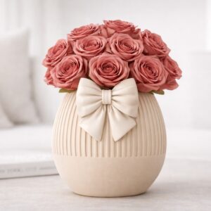 3D Printed Romantic Bow Vase | Cream Ribbed Floral Vase Premium Gift