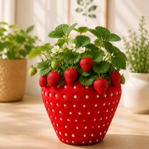 Strawberry 3D printed planter in red with dotted seed texture