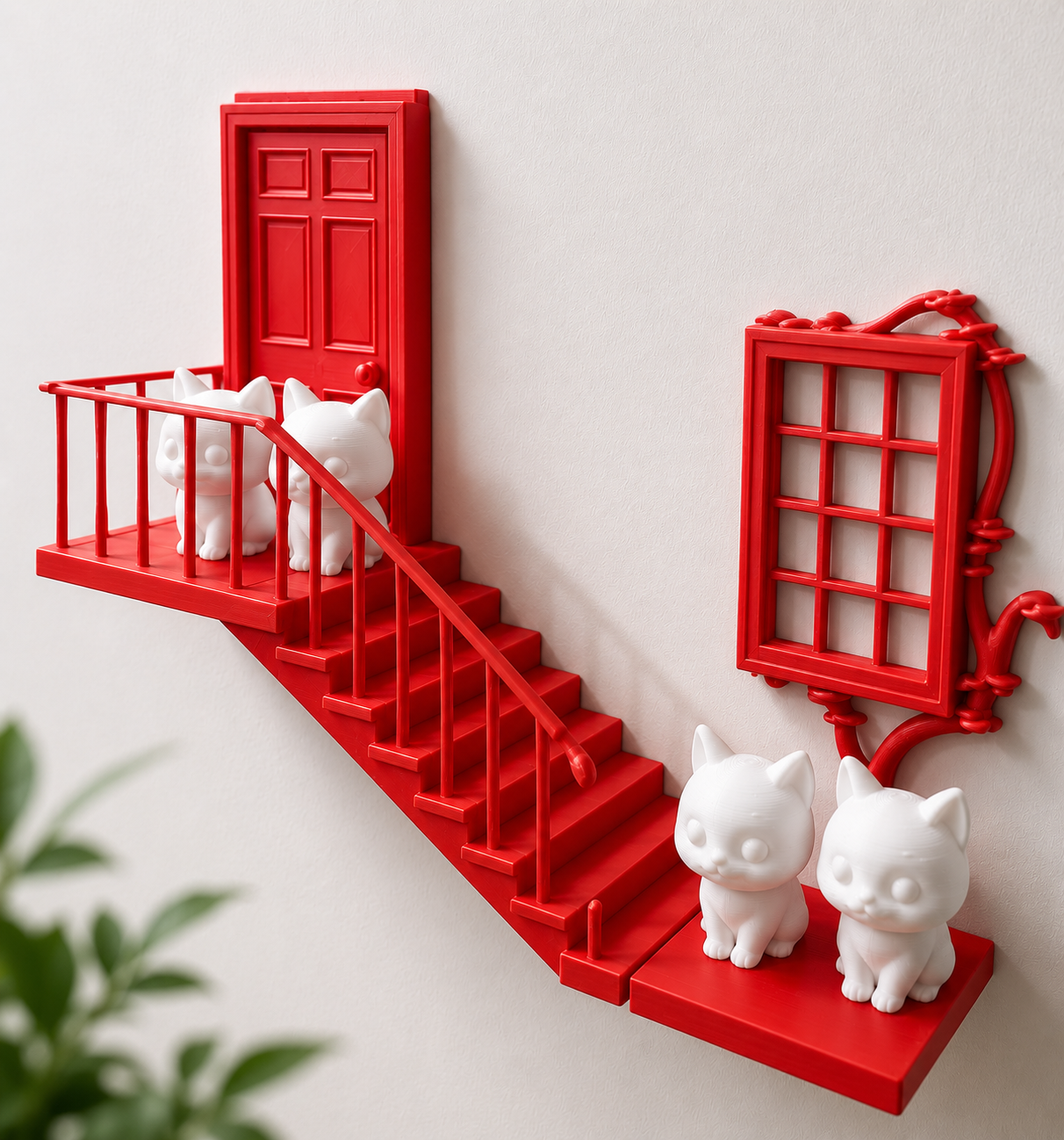 Cat Staircase Floating Wall Shelf - kitten door and window wall decor