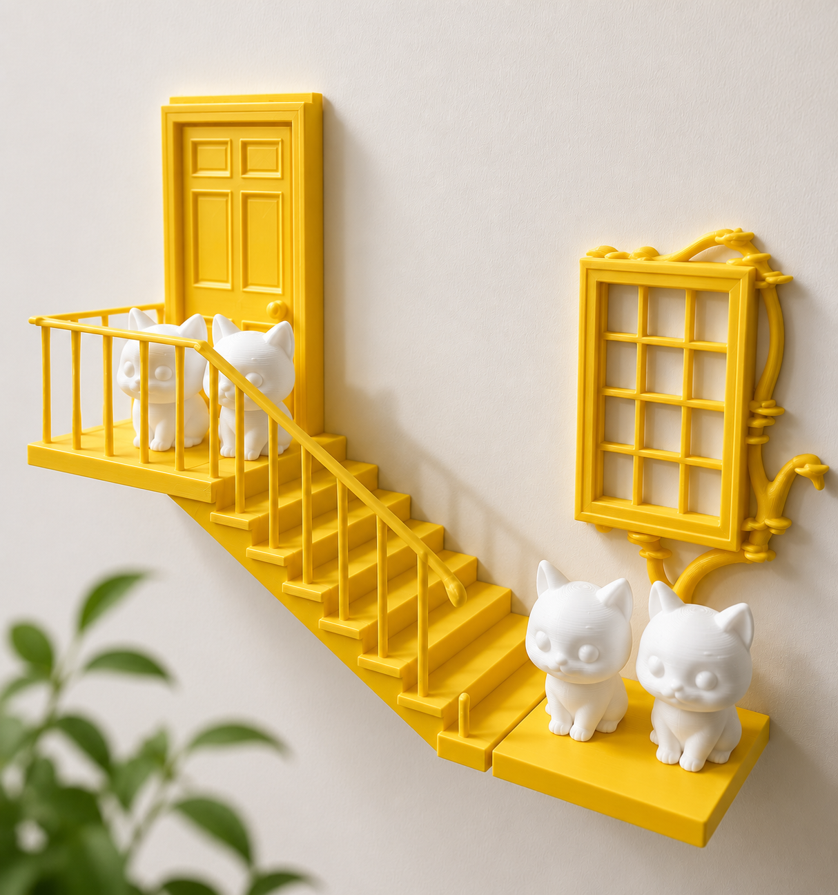 Cat Staircase Floating Wall Shelf - kitten door and window wall decor