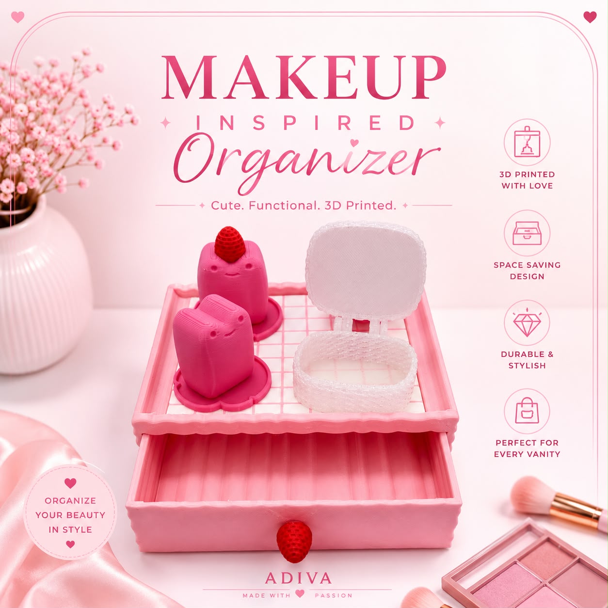 Makeup Inspired Organizer Tray - 3D printed vanity and jewellery drawer set