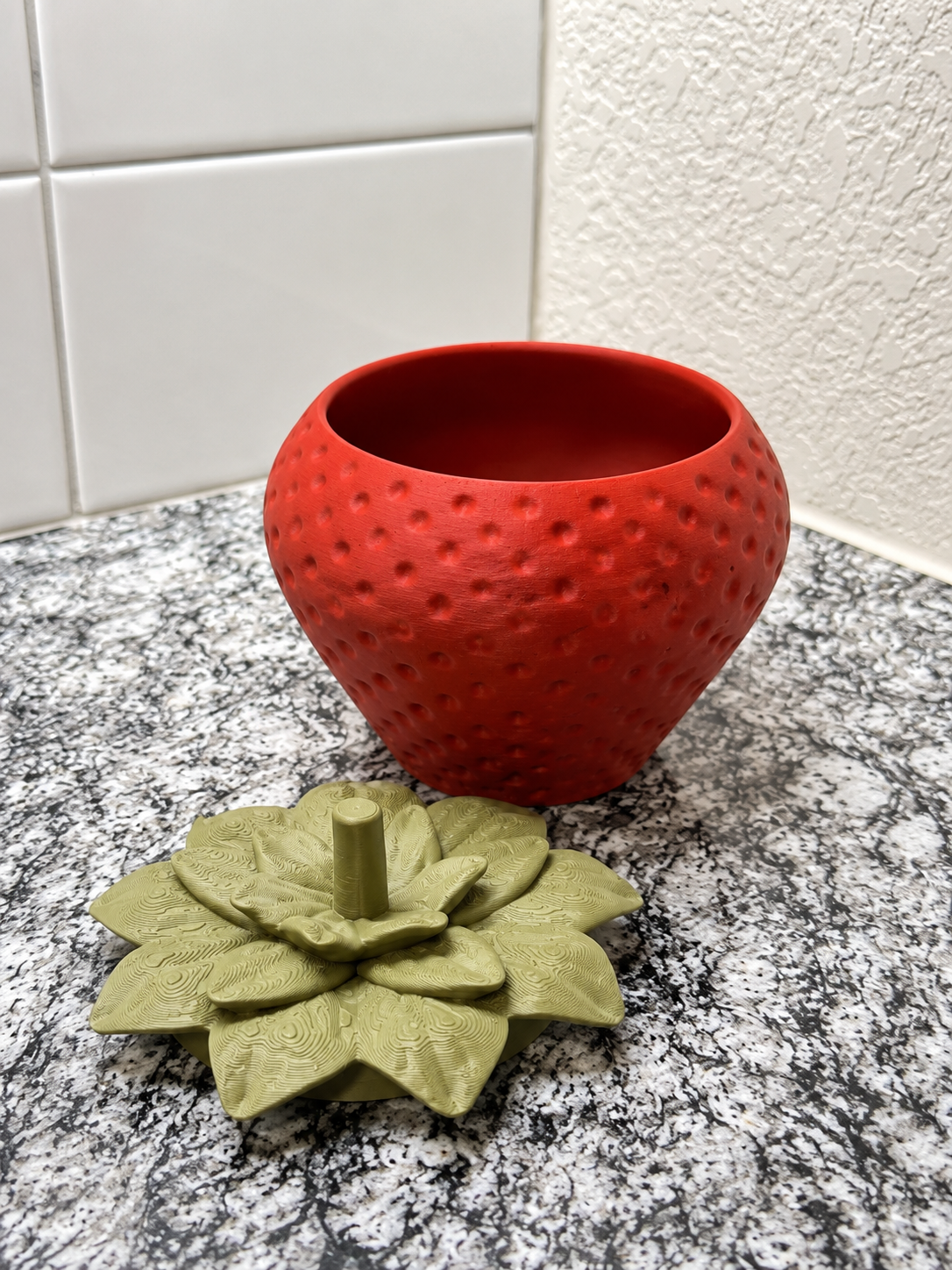 Strawberry Jar with leaf lid - cute trinket and candy container
