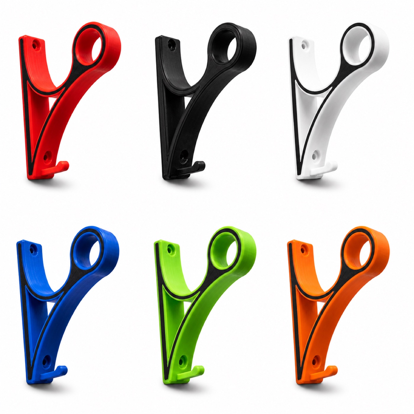 Six mounts laid out in red, black, white, blue, green and orange, each with a contrasting black inlay.