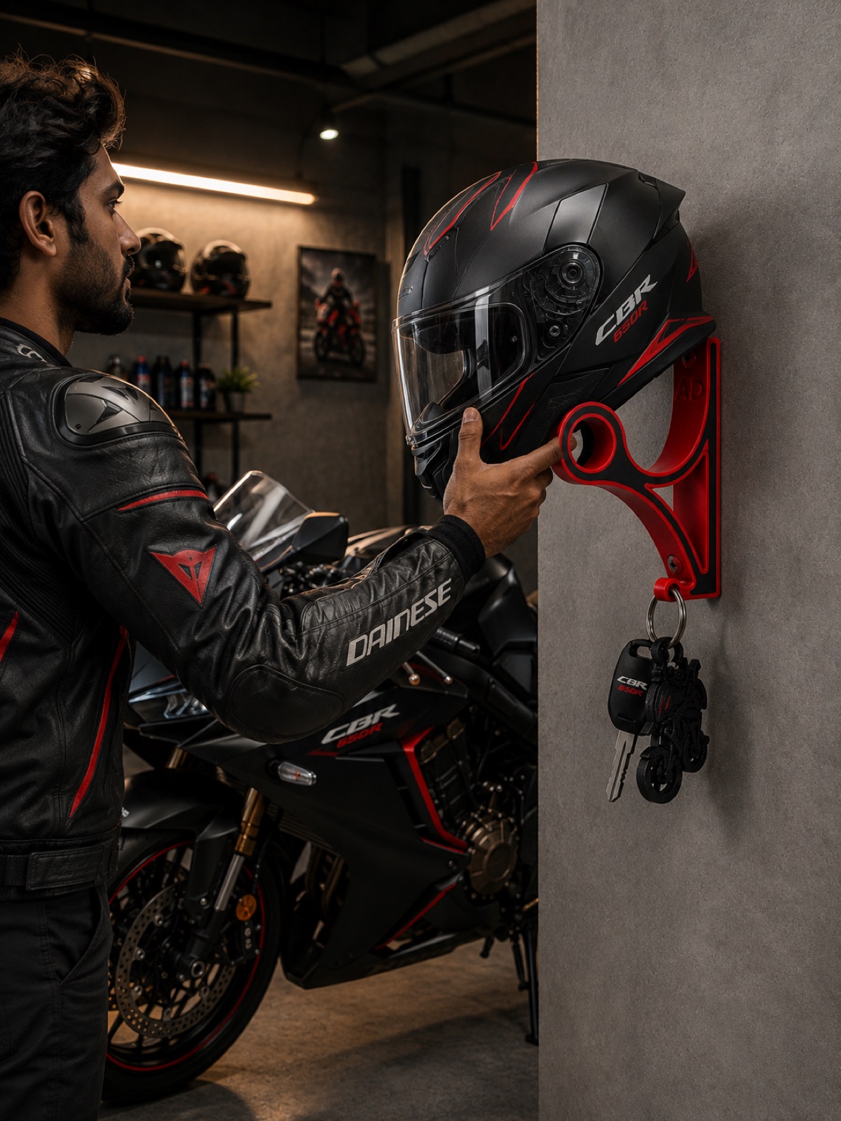 A rider in leathers hanging a black and red full-face helmet on the Adiva Garage mount in a workshop.