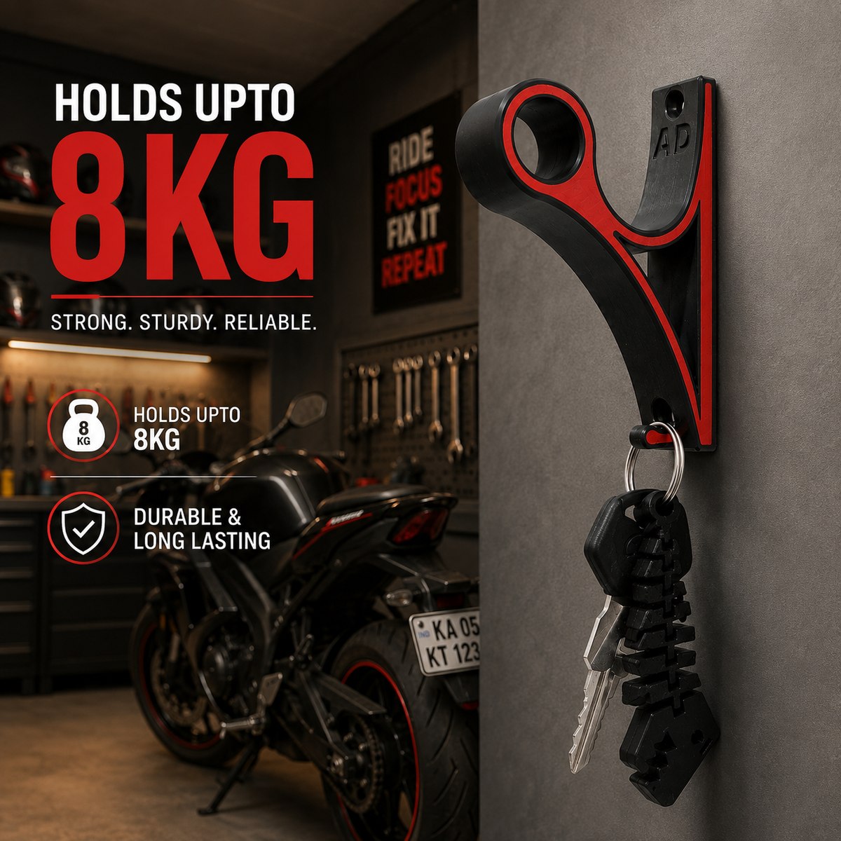 Holds up to 8 kg — strong, sturdy, reliable. The mount on a wall with keys on the hook and a motorcycle behind it.