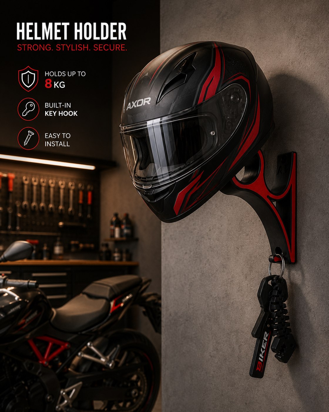 A full-face helmet seated on the mount with keys on the hook below, beside icons for holds up to 8 kg, built-in key hook and easy to install.
