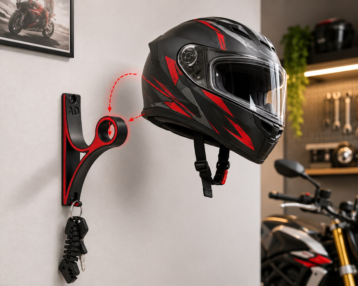 A black and red full-face helmet lifted towards the mount, with arrows showing the visor port dropping onto the cradle, and keys on the hook below.