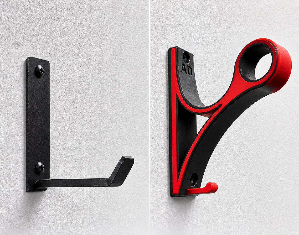 Side-by-side comparison: a plain bent metal hook on the left, the Adiva Garage cradle on the right, with icons for smooth rounded cradle, no sharp edges, spreads contact over the shell, won't flatten the padding, 25 g.